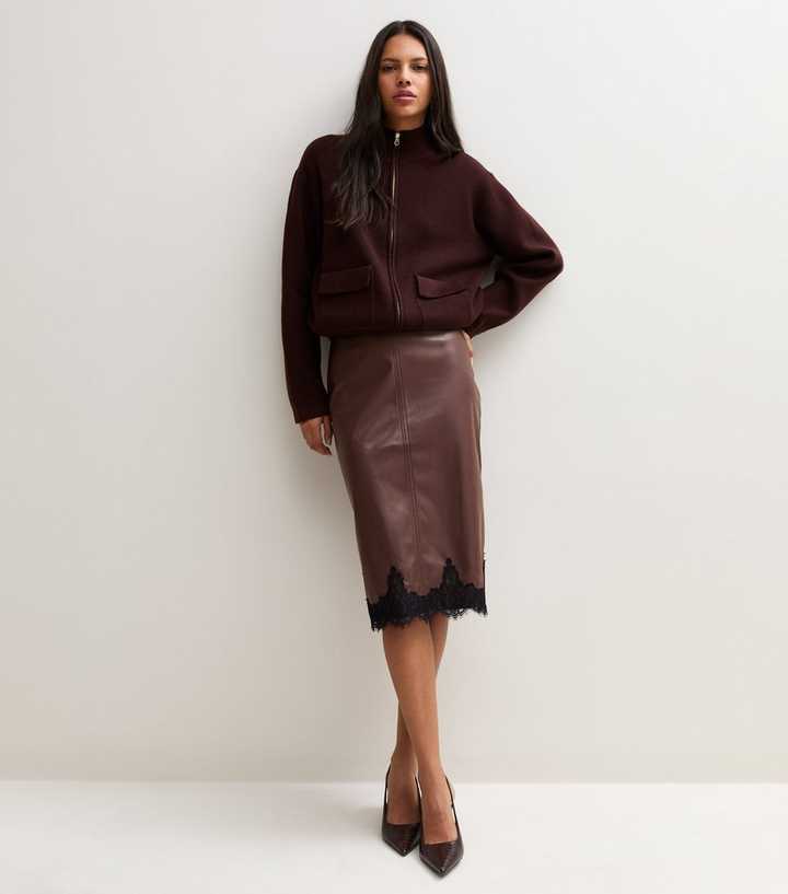 Dark Brown Faux Leather Lace Trim Pencil Midi Skirt