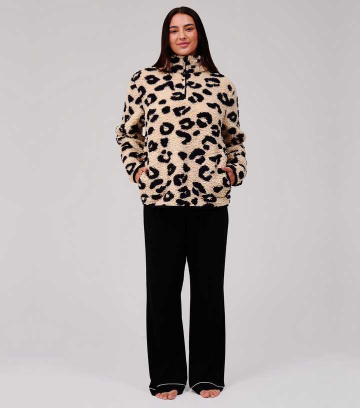 Loungeable Brown Leopard Print Borg Fleece Quarter Zip Jumper