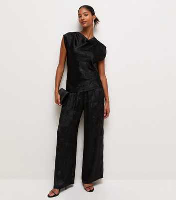 Black Jacquard Satin Wide Leg Trousers
