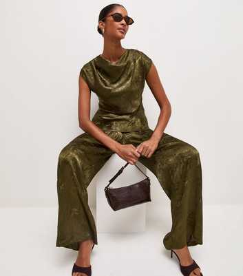 Dark Khaki Jacquard Satin Wide Leg Trousers