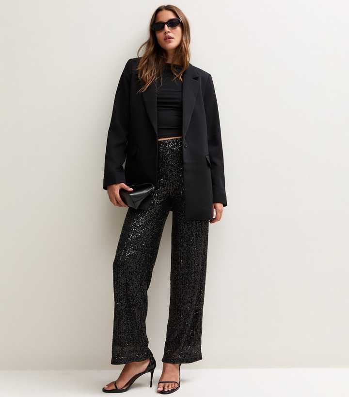 Black Sequin Embellished Straight Leg Trousers
