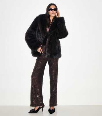 Dark Brown Sequin Embellished Straight Leg Trousers