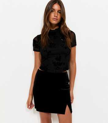 Black Velvet Jersey Notched Hem Mini Skirt