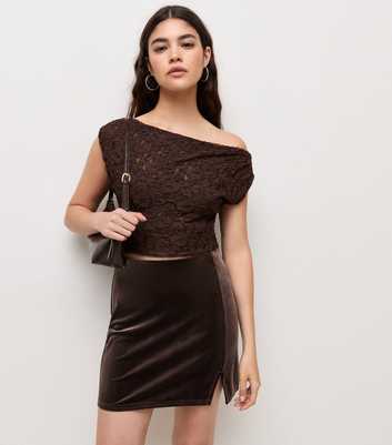 Dark Brown Velvet Jersey Notched Hem Mini Skirt