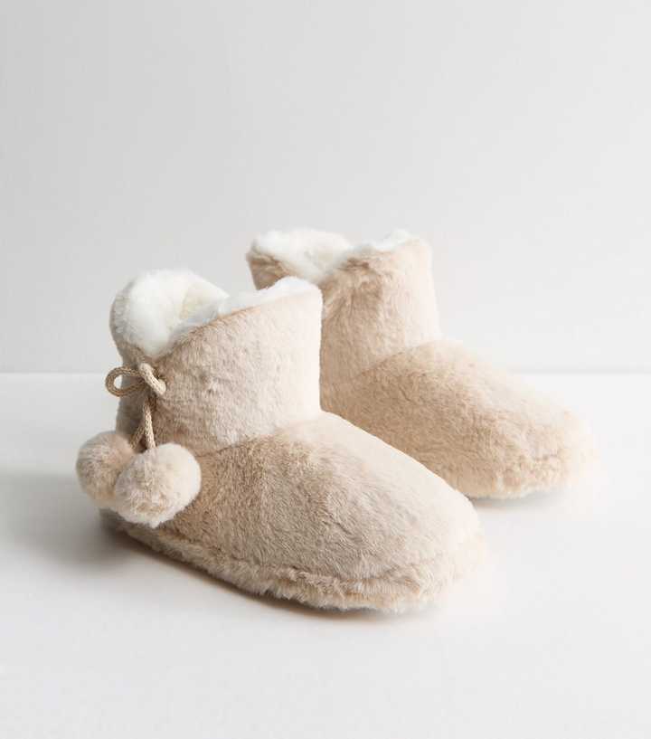 Off White Faux Fur Pom Pom Tassel Slipper Boots