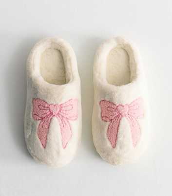 Off White Faux Fur Bow Mule Slippers