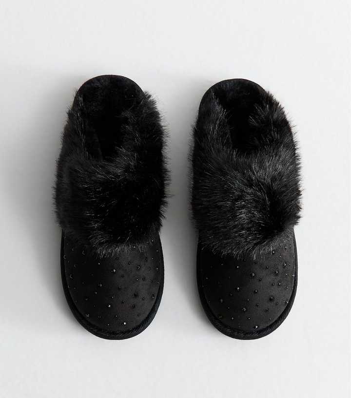 Black Faux Suede and Faux Fur Gem Embellished Slippers