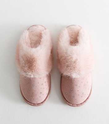 Pink Embellished Faux Suede Slipper Mules