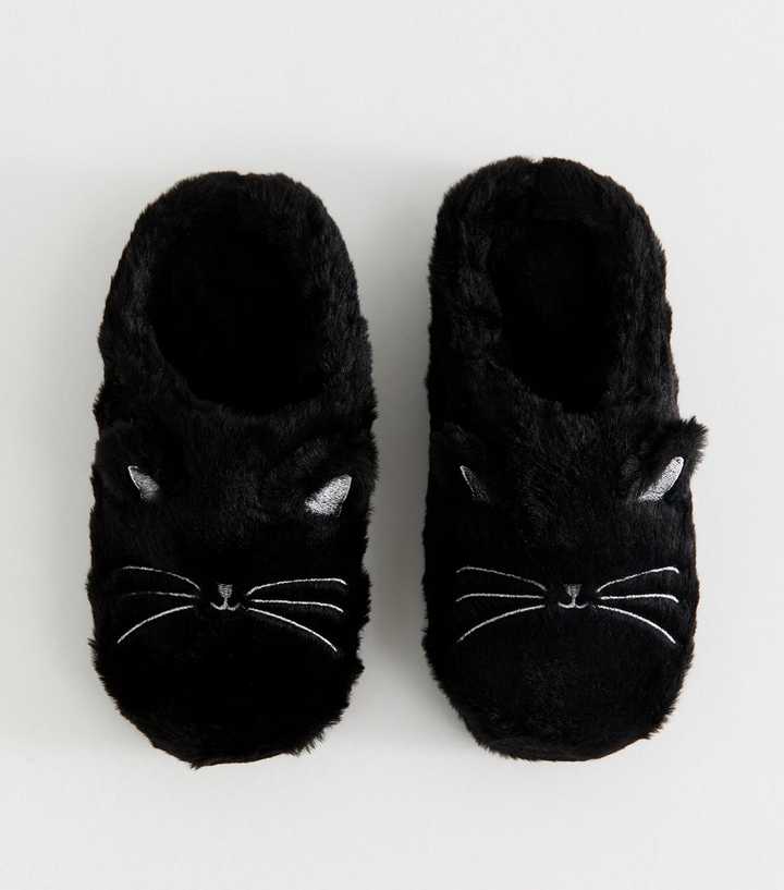 Black Faux Fur Cat Embroidered Slippers