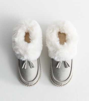 Grey Faux Suede Stitch Trim Faux Fur Lined Slipper Boots