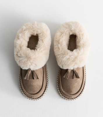 Mink Faux Suede Stitch Trim Faux Fur Lined Slipper Boots