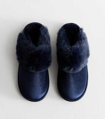 Navy Velvet Faux Fur Mule Slippers