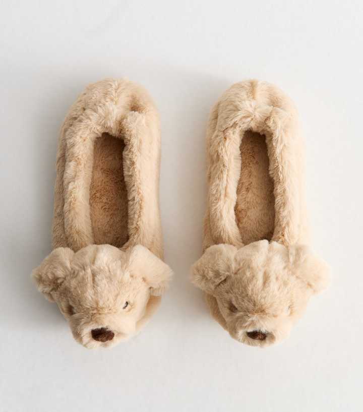 Camel Faux Fur Dog Shaped Slippers