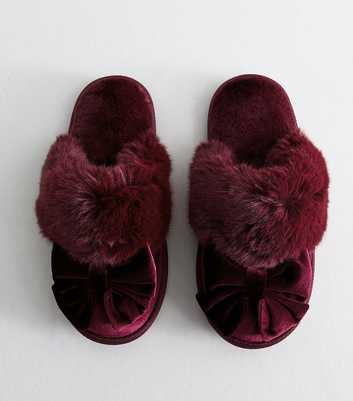 Dark Burgundy Velvet Faux Fur Bow Mule Slippers