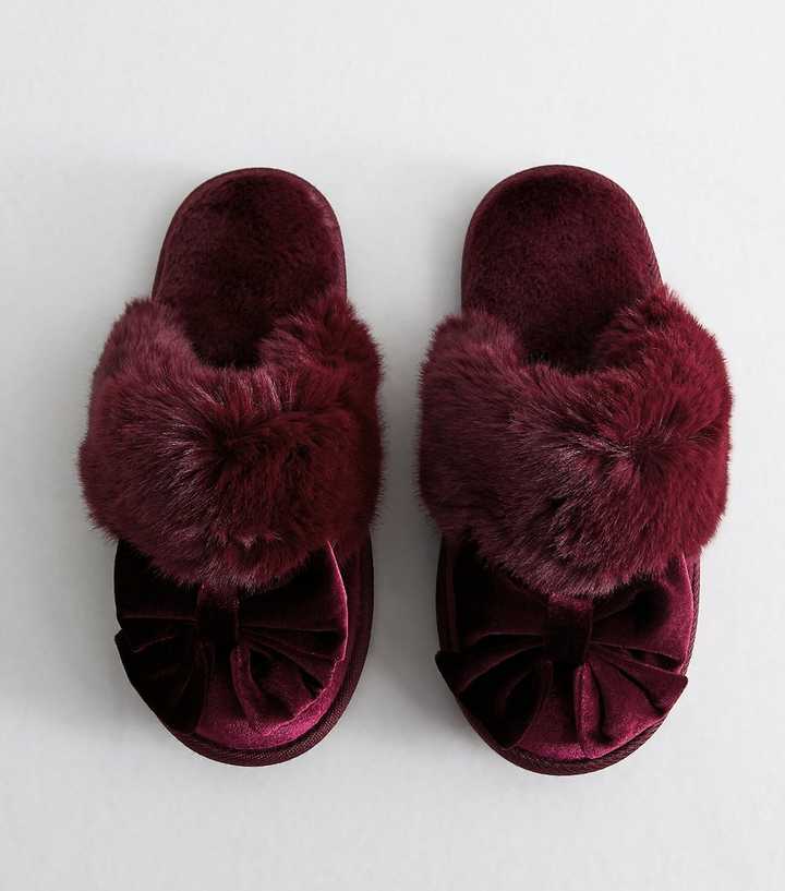 Dark Burgundy Velvet Faux Fur Bow Mule Slippers