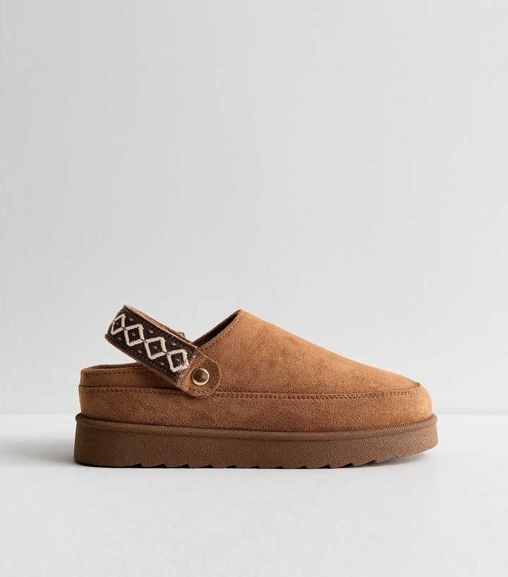 Tan Faux Suede Stitch Trim Slingback Slipper Boots