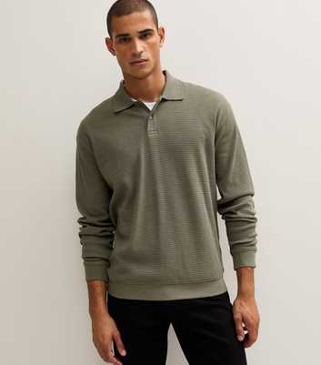 Dark Khaki Regular Fit Waffle Textured Button Up Polo Shirt