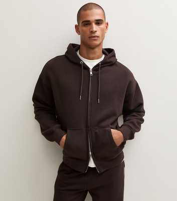 Dark Brown Cotton Rich Boxy Double Ended Zip Hoodie