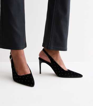 Black Faux Suede Diamanté Slingback Court Shoes