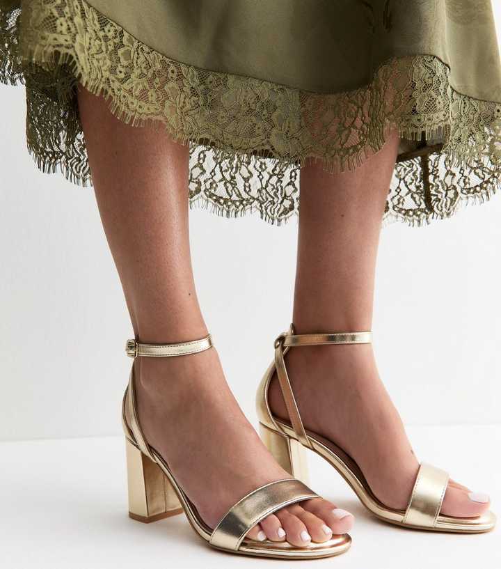 Wide Fit Gold Faux Leather Block Heel Sandals
