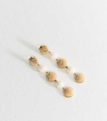 Gold Tone Faux Pearl Shell Drop Earrings