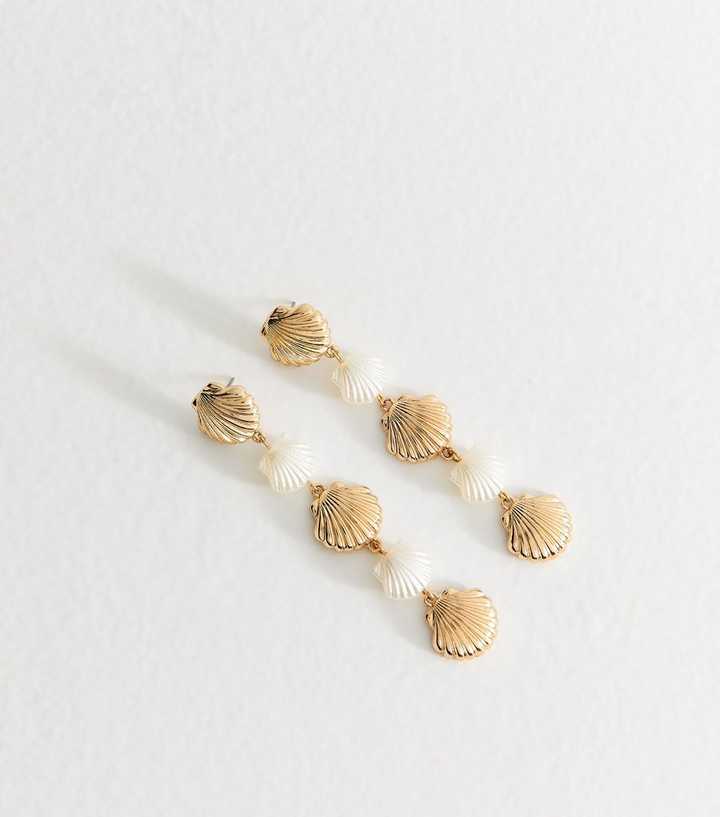 Gold Tone Faux Pearl Shell Drop Earrings