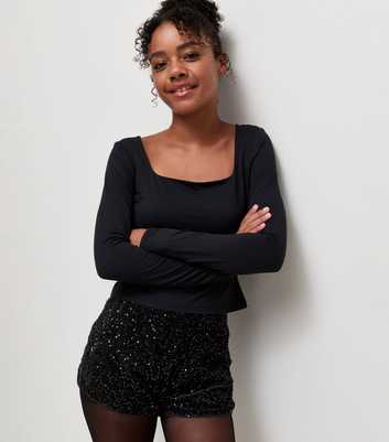 Girls Black Sequin Embellished Hot Pants