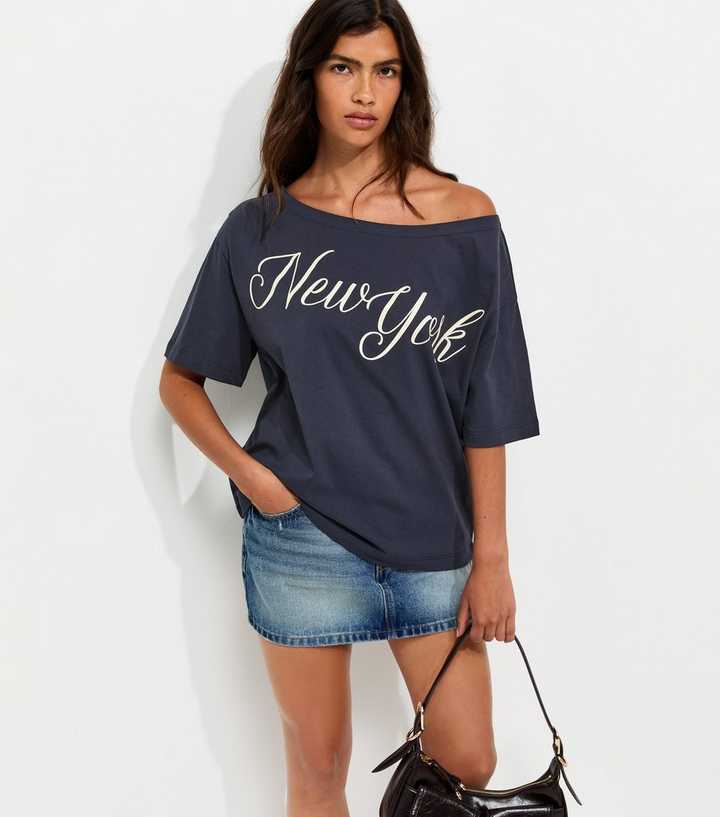 Navy Cotton New York Off the Shoulder T-Shirt