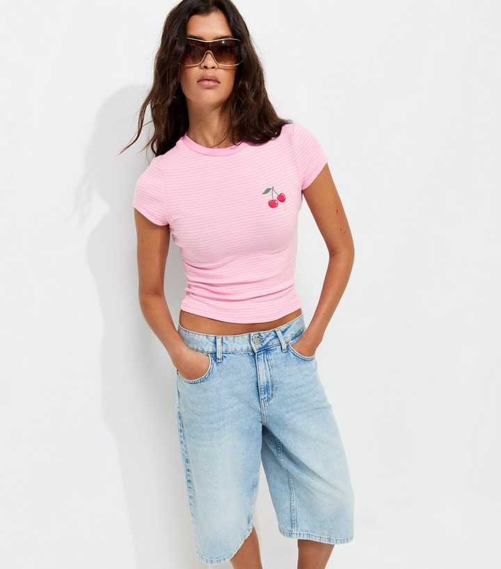 Pink Cotton Rich Striped Cherry Print Baby Tee T-Shirt