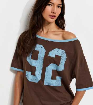 Brown Cotton 92 Logo Off the Shoulder T-Shirt