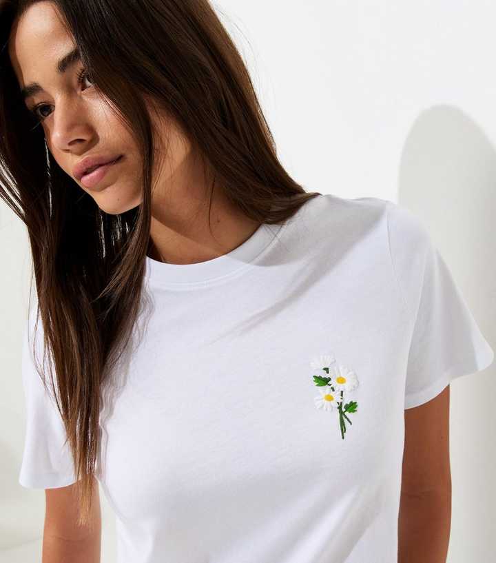 White Cotton Floral Embroidered T-Shirt
