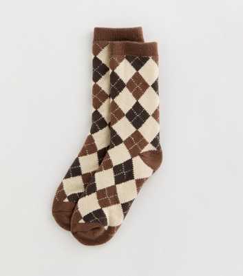 Brown Knit Argyle Ankle Socks