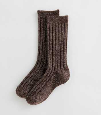 Brown Glitter Ribbed Knit Ankle Socks