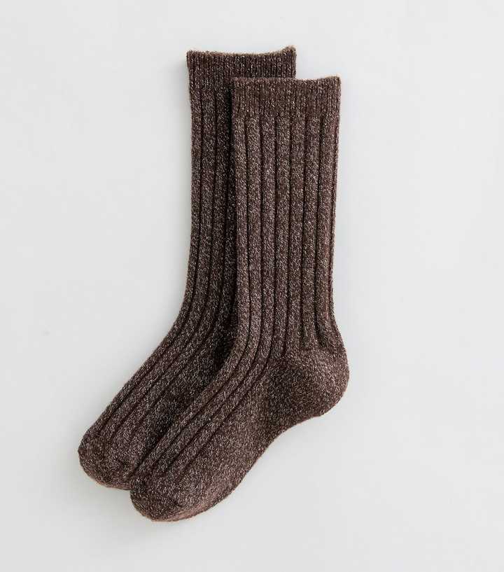 Brown Glitter Ribbed Knit Ankle Socks