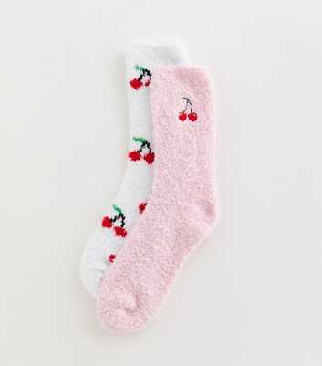 Pack of 2 Pink and White Fluffy Embroidered And Patterned Cherry Ankle Socks