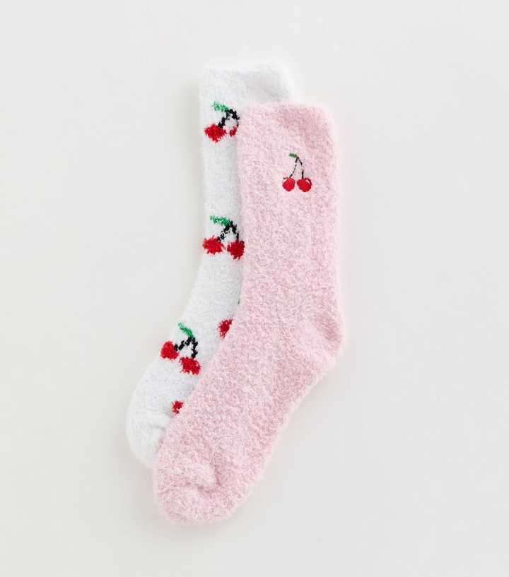 Pack of 2 Pink and White Fluffy Embroidered And Patterned Cherry Ankle Socks