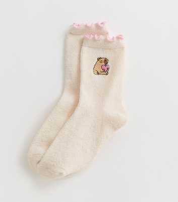 Cream Embroidered Capybara Cosy Ankle Socks