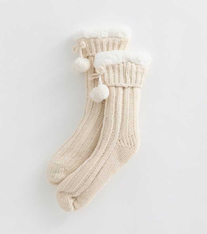 Cream Chenille Knit Fleece Lined Slipper Socks