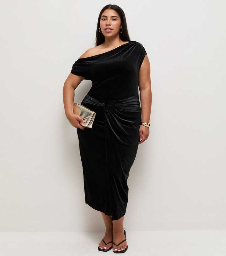 Curves Black Velvet Fallen Shoulder Front Knot Midi Dress