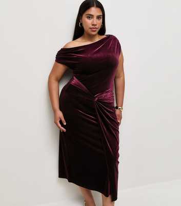 Curves Dark Burgundy Velvet Fallen Shoulder Front Knot Midi Dress