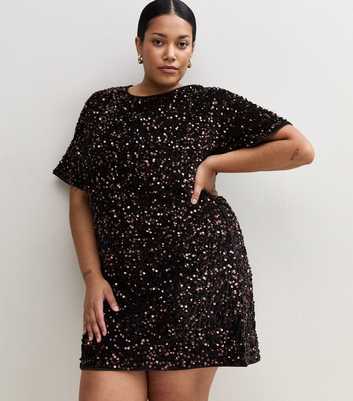 Curves Dark Brown Sequin Embellished Mini T-Shirt Dress
