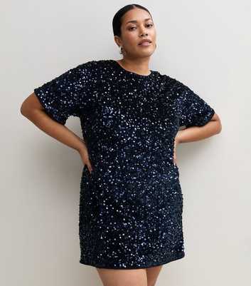 Curves Navy Sequin Embellished Mini T-Shirt Dress