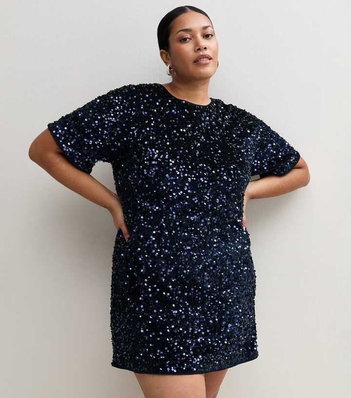 Curves Navy Sequin Embellished Mini T-Shirt Dress