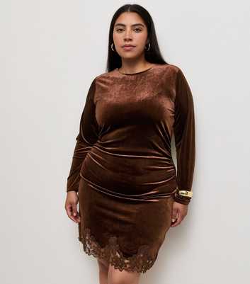 Curves Dark Brown Velvet Lace Trim Long Sleeve Mini Dress