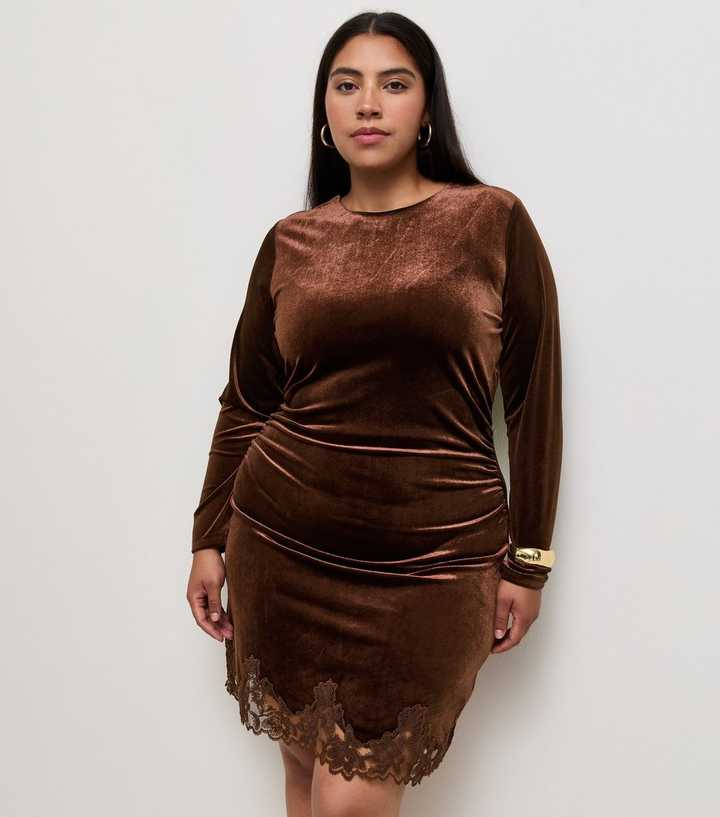 Curves Dark Brown Velvet Lace Trim Long Sleeve Mini Dress