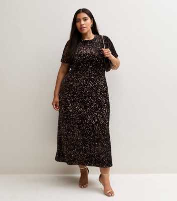 Curves Dark Brown Sequin Embellished Midi Dress
