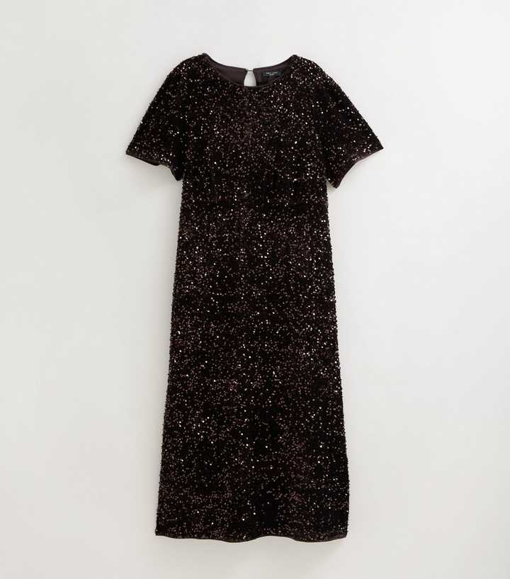 Curves Dark Brown Sequin Embellished Midi Dress