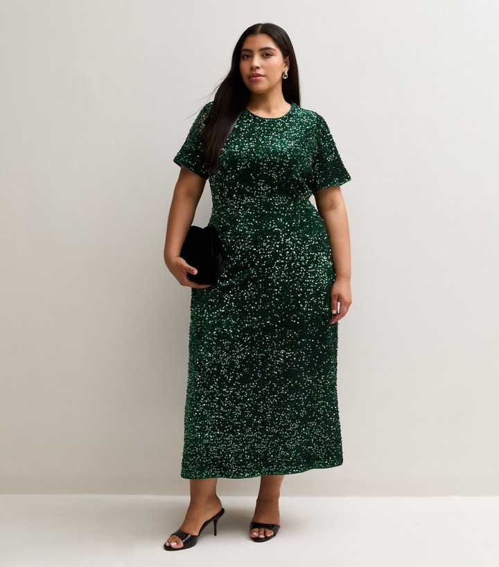 Curves Dark Green Sequin Embellished Short Sleeve Midi Dress