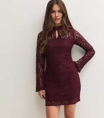 Petite Burgundy Long Sleeve Lace Overlay Keyhole Mini Dress