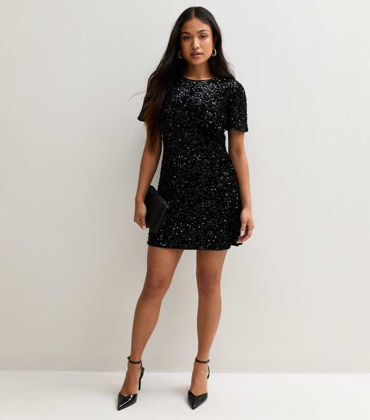 Petite Black Sequin Short Sleeve Mini Shift Dress